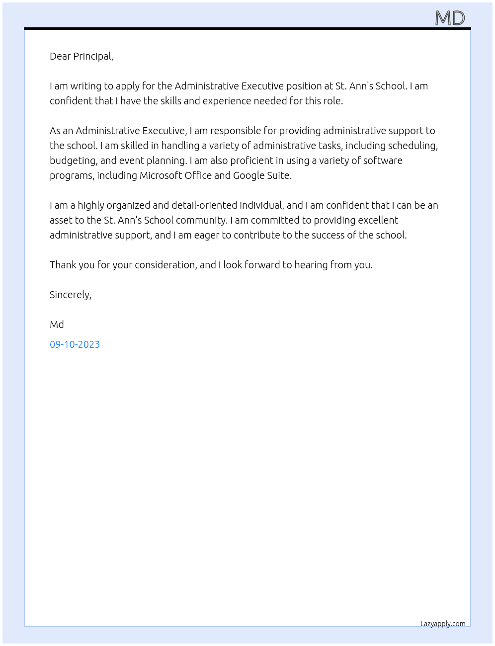 Administrative Executive  At St anns school medium school  Cover Letter