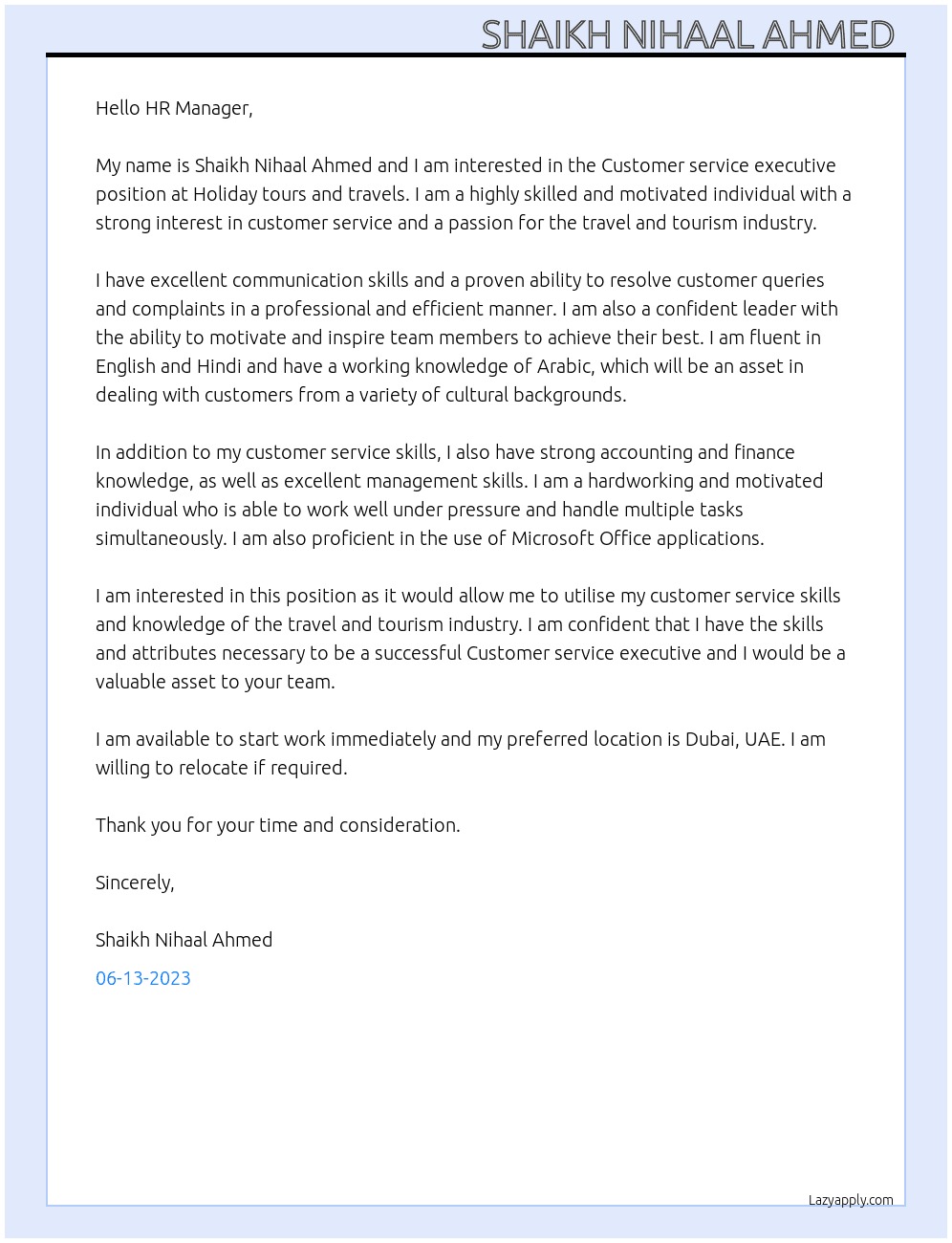 Customer service executive  At Holiday tours and travels  Cover Letter