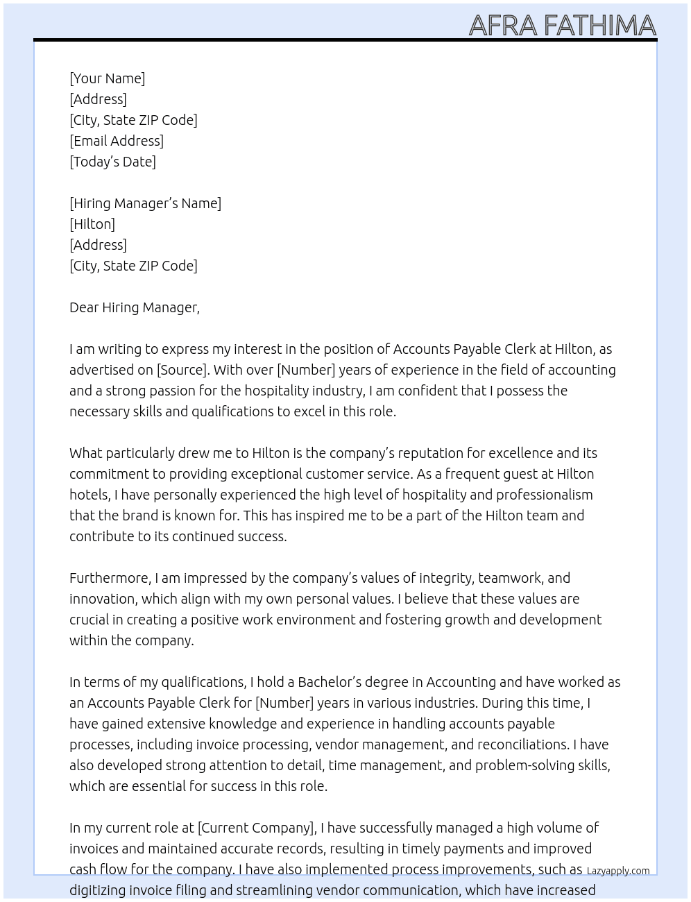 accounts payable clerk  At Hilton  Cover Letter