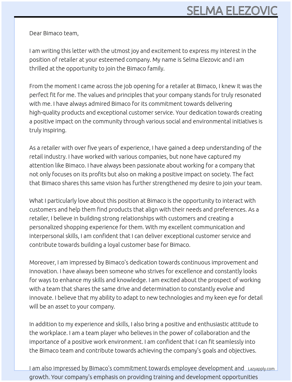 retailer At Bimaco Cover Letter