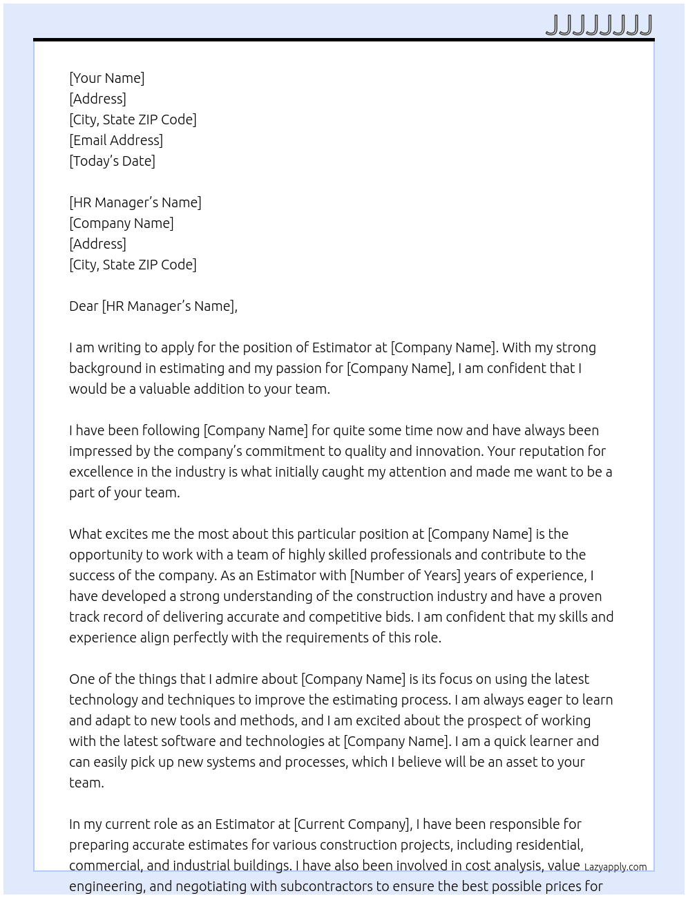 Estimator At KKKKKKKKKK Cover Letter