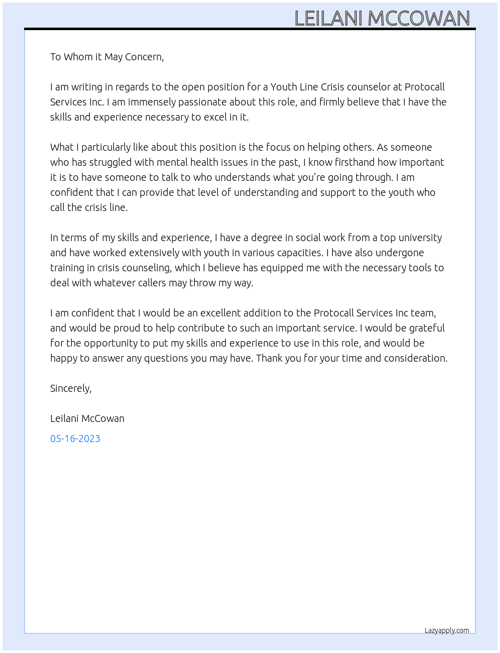 Youth Line Crisis counselor  At Protocall Services Inc Cover Letter