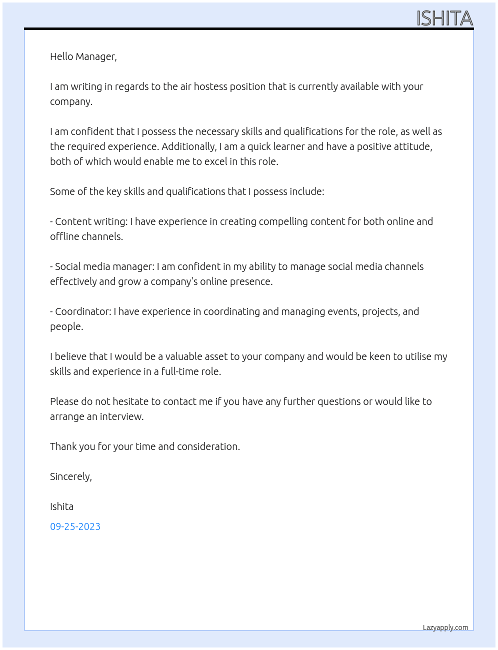 Air hostess  At Cabin crew Cover Letter