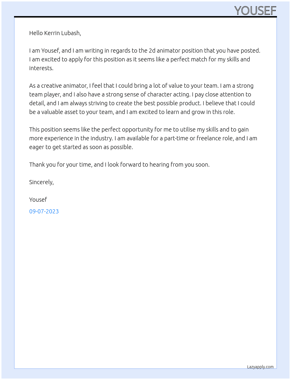2d animator At Kerrin Lubash Cover Letter