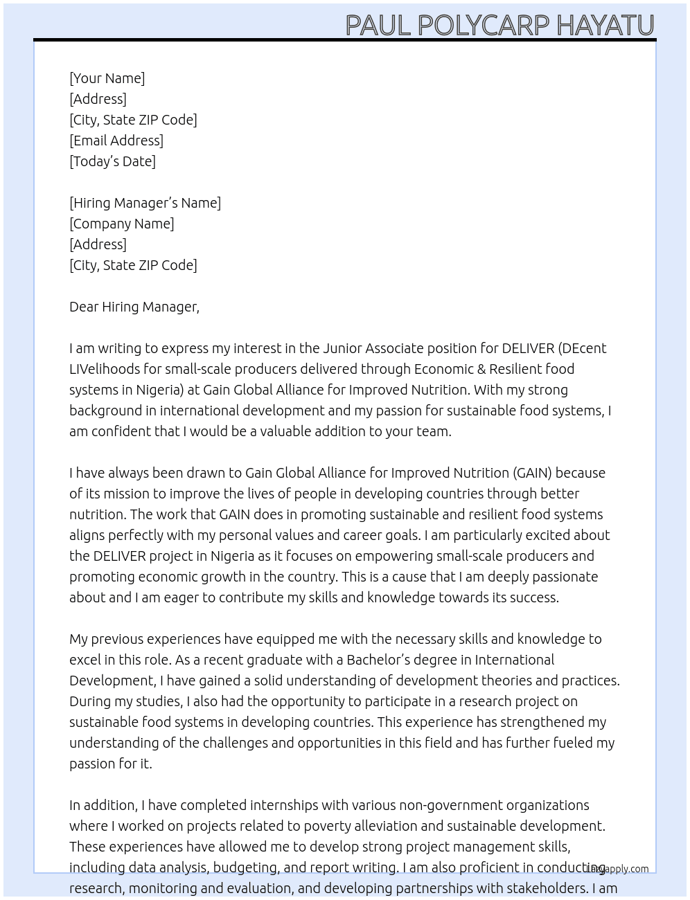 Junior Associate, DELIVER (DEcent LIVelihoods for small-scale producers delivered through Economic & Resilient food systems in Nigeria) - SYS-1157 At Gain Global Alliance for Improved Nutrition  Cover Letter