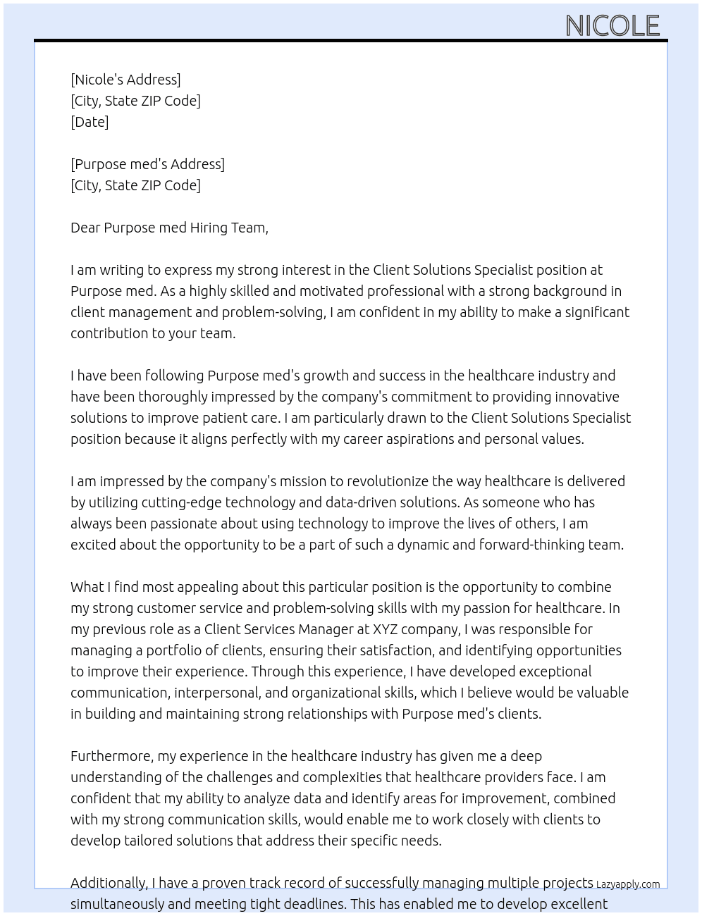 Client Solutions Specialist At Purpose med  Cover Letter