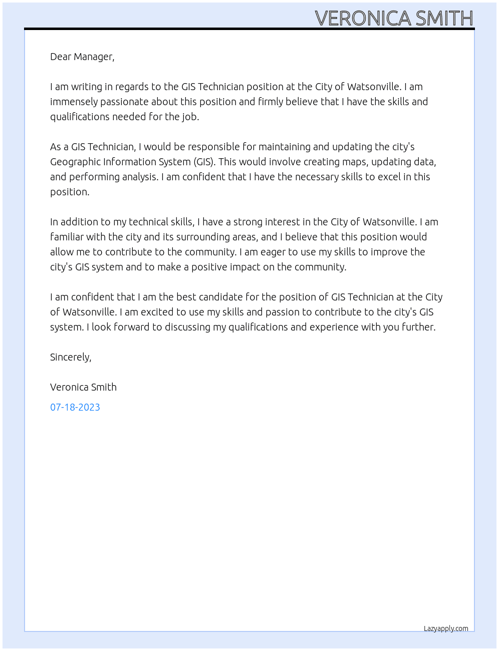 gis technician At City of Watsonville Cover Letter