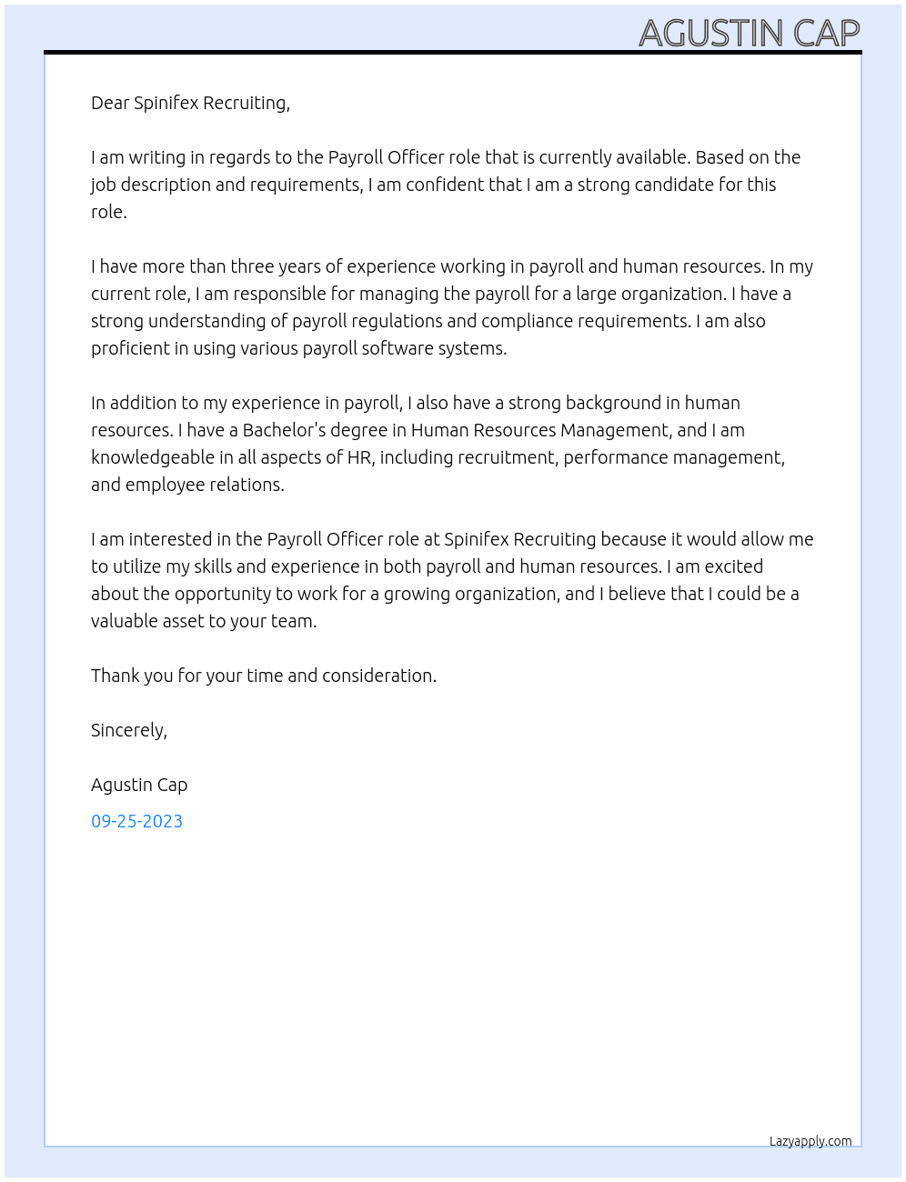 Payrol officer At Spinifex Recruiting Cover Letter