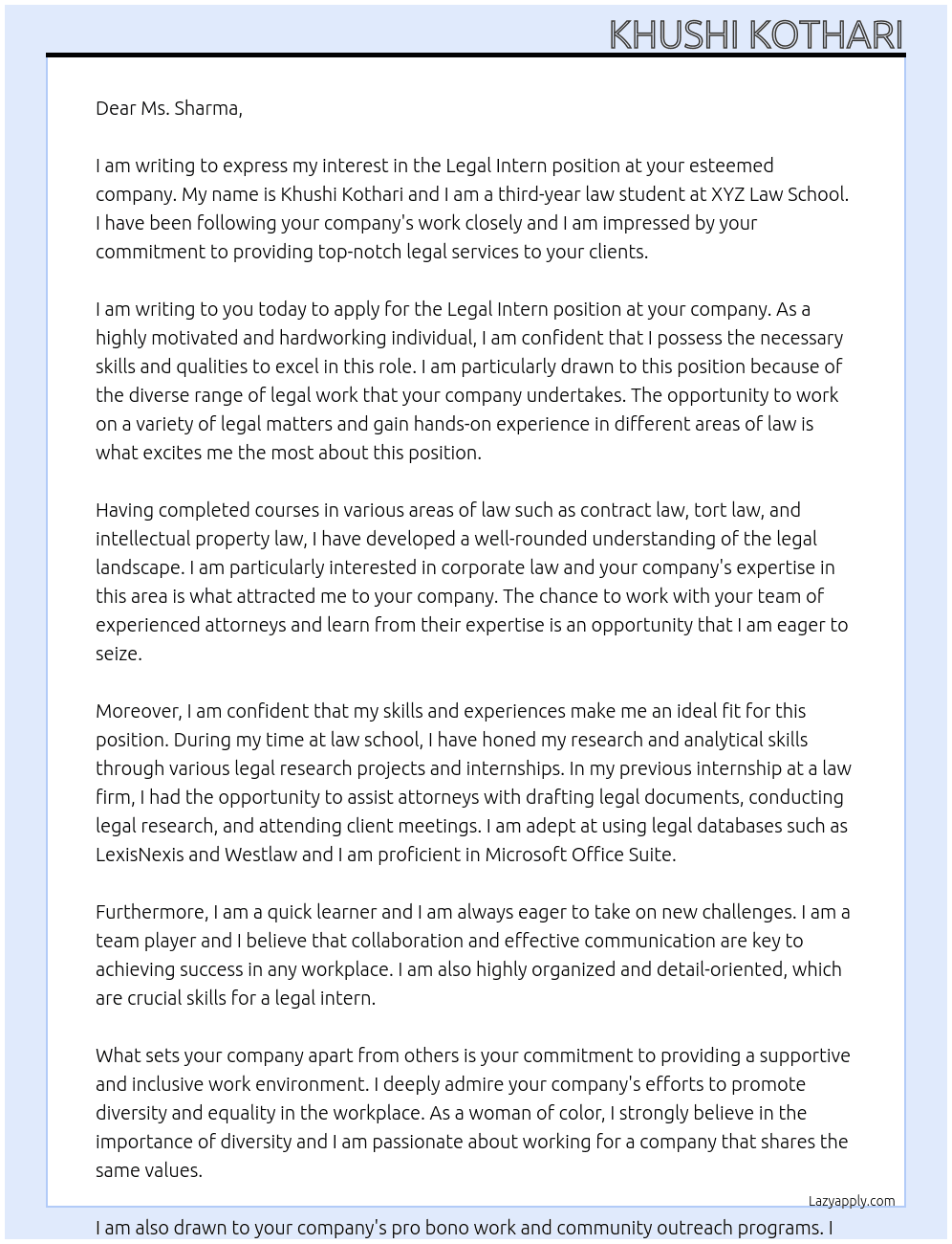 Legal Intern At idk Cover Letter