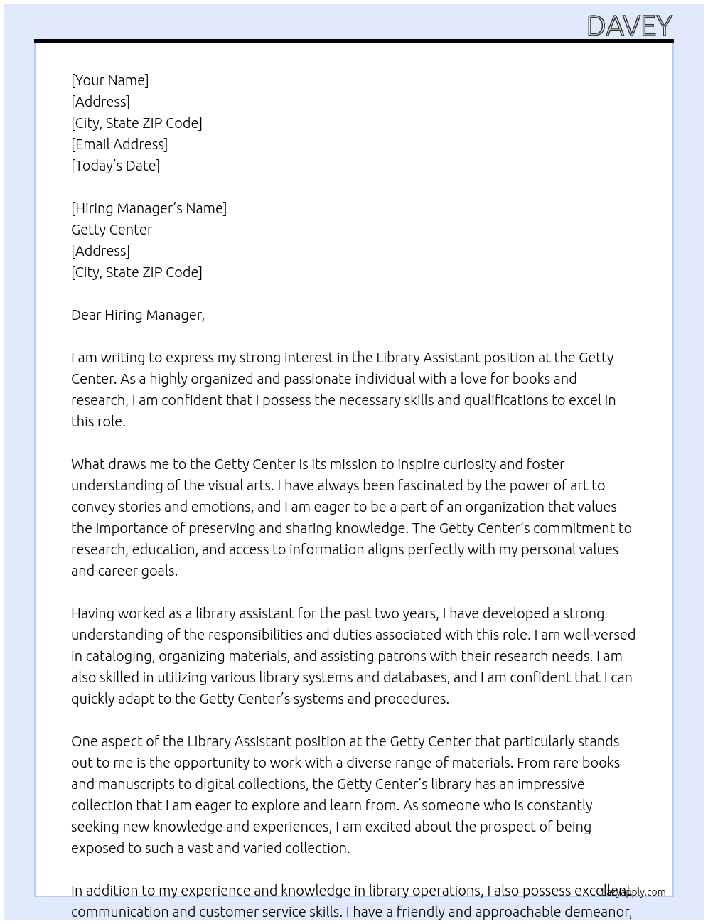 library assistant At Getty Center Cover Letter