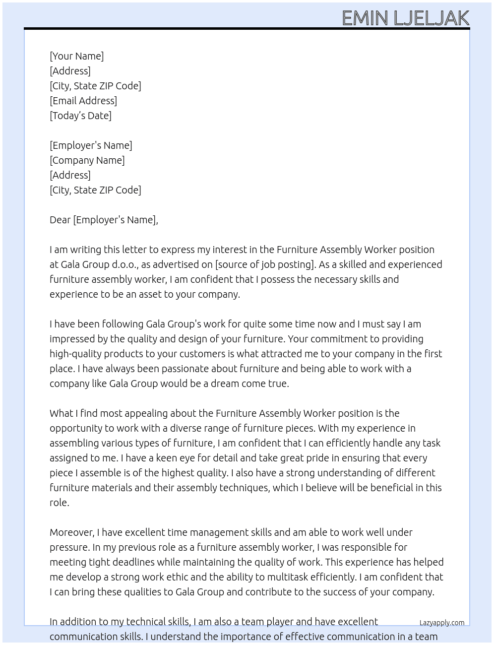 furniture assembly worker At Gala Group d.o.o. Cover Letter