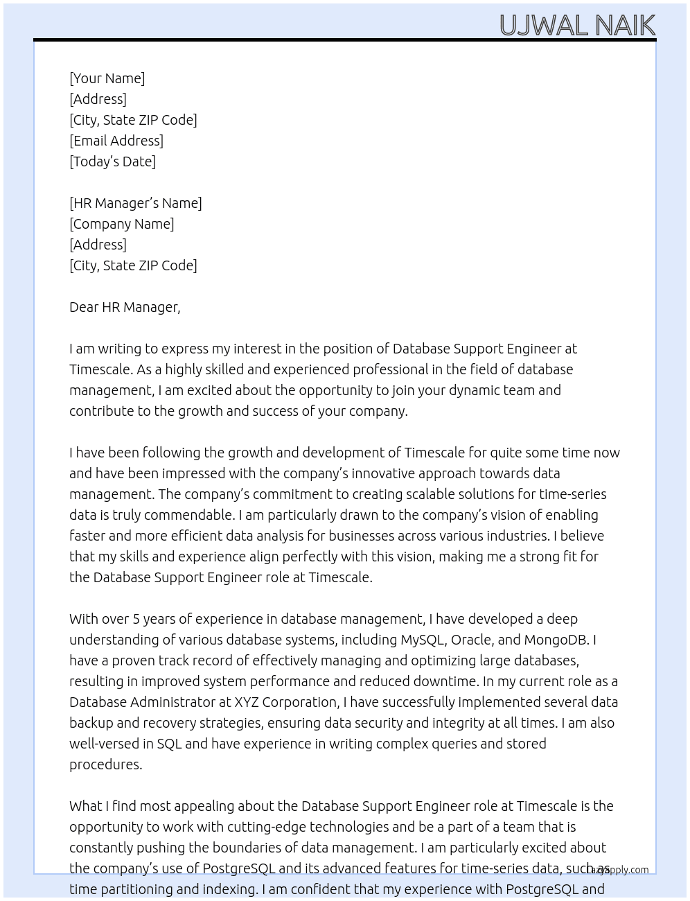 Database support engineer At Timescale Cover Letter