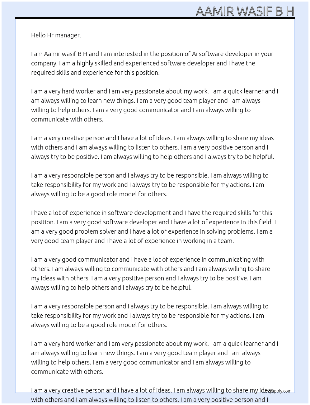 Ai software developer  At Infinitypoolfinnotech Cover Letter