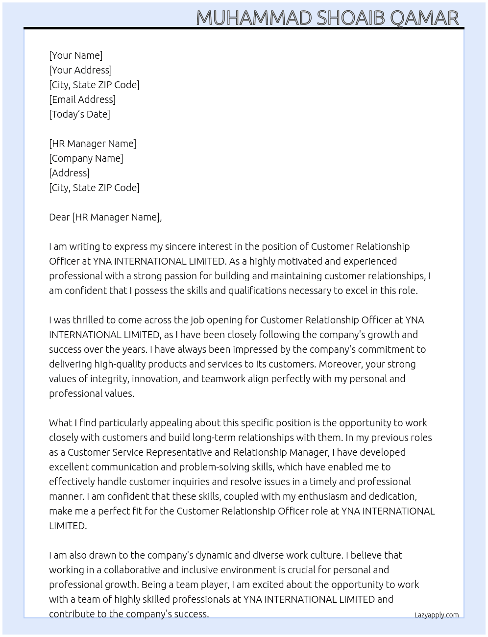 Customer Relationship Officer At YNA INTERNATIONAL LIMITED Cover Letter