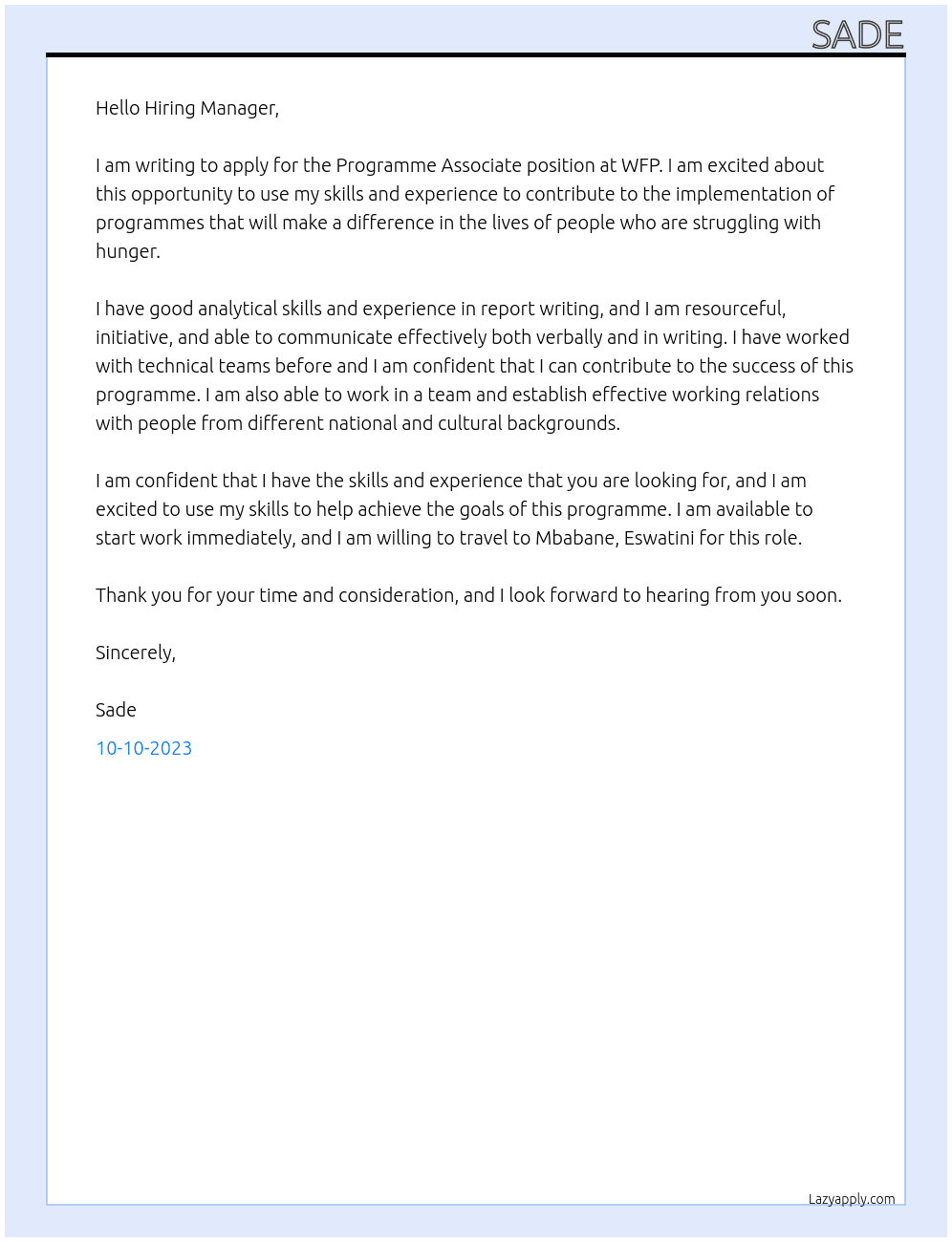 Programme Associate At WFP Cover Letter