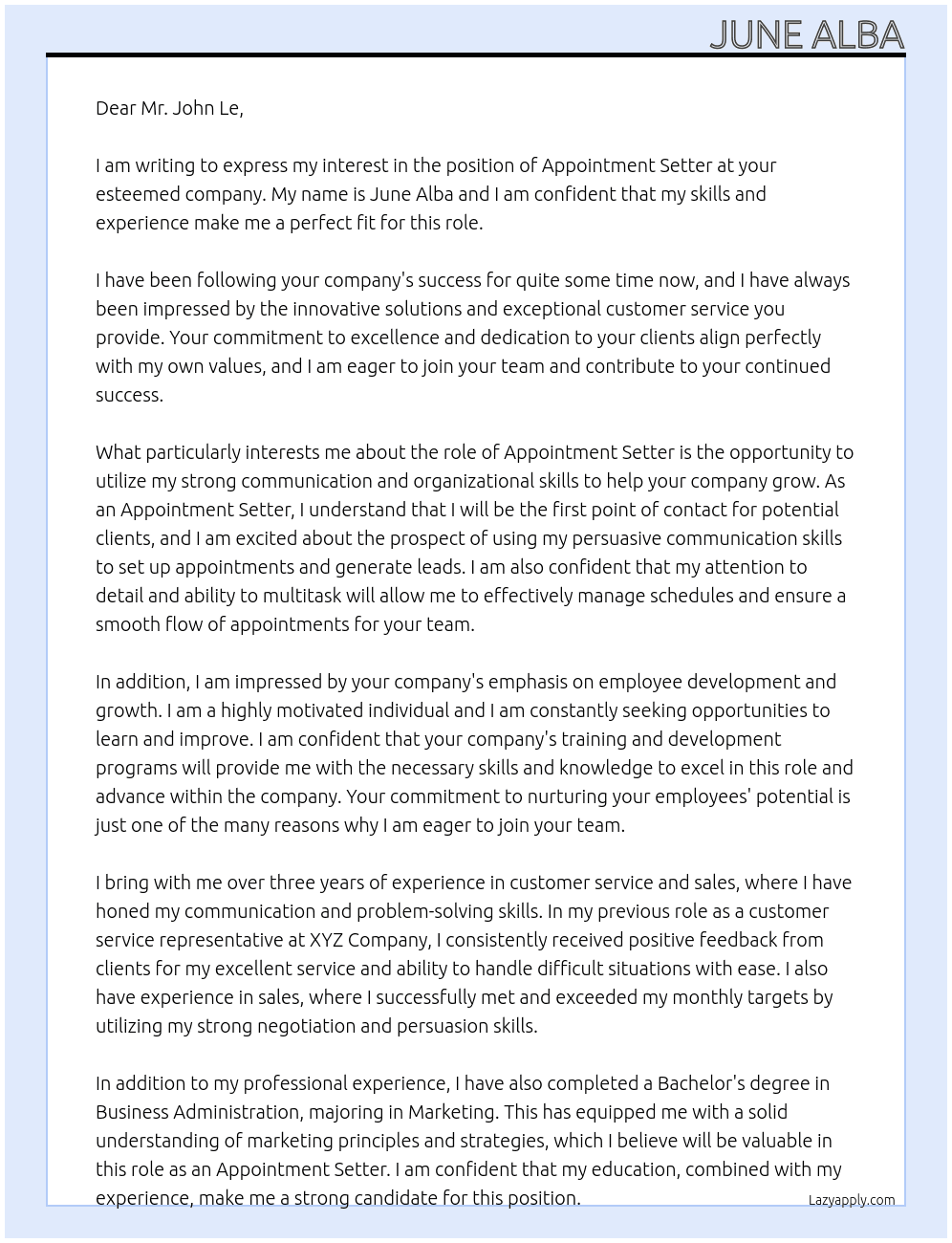 appointment setter At John Le Cover Letter