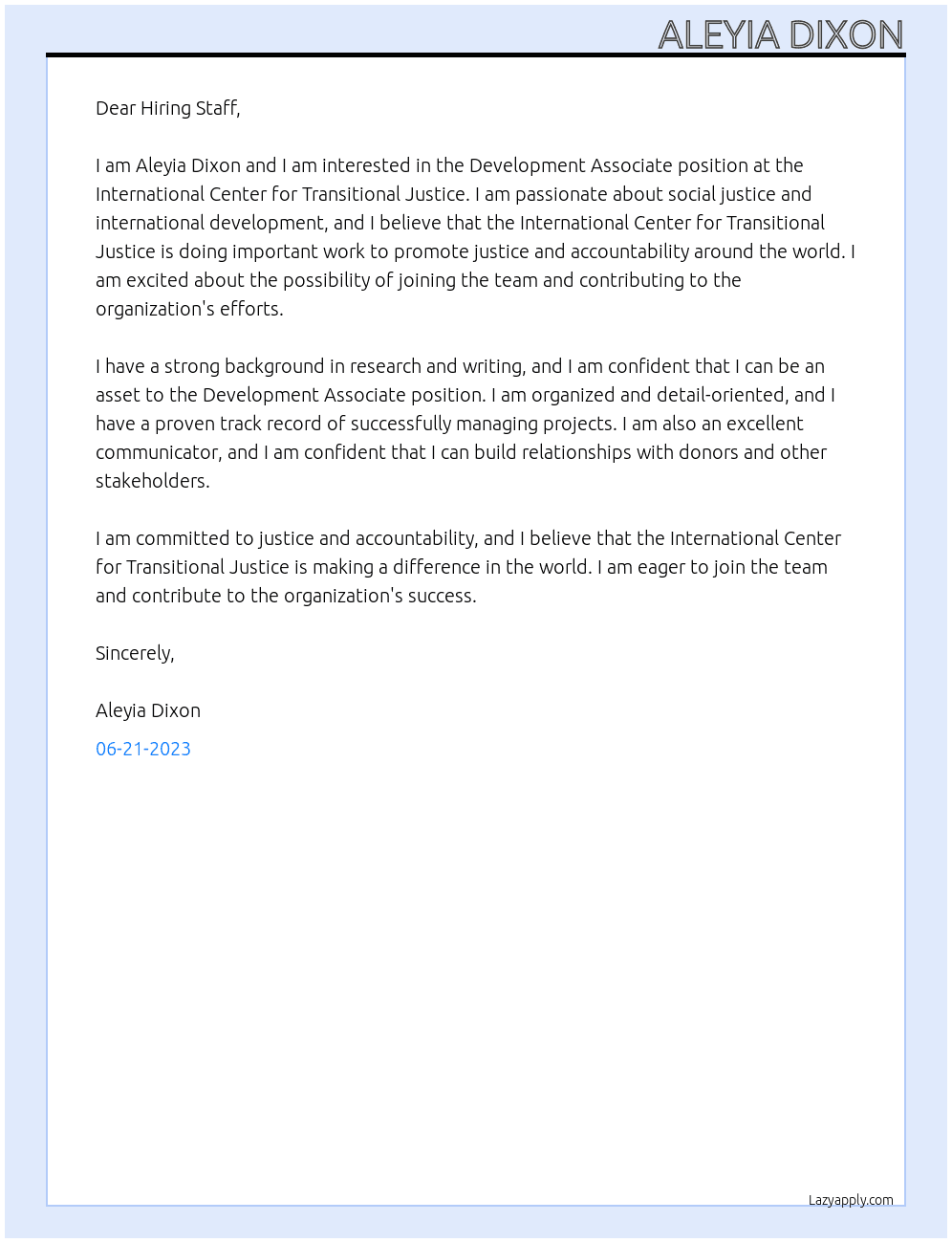Development Associate At International Center for Transitional Justice Cover Letter