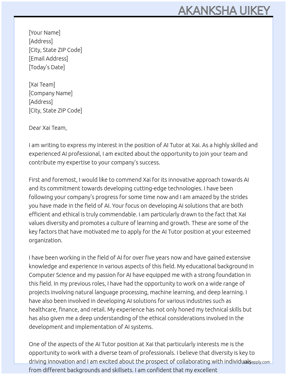 AI tutor At Xai  Cover Letter