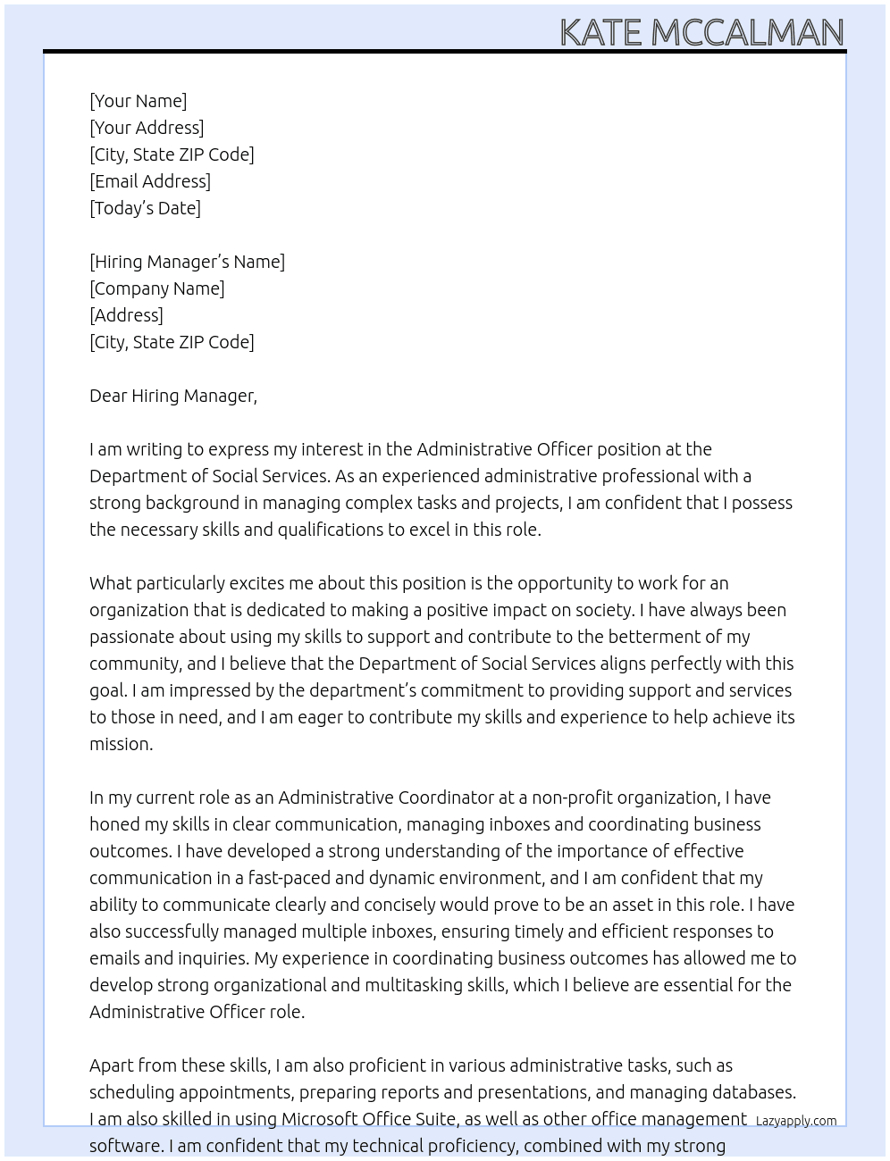 Administrative Officer At Department of Social Services  Cover Letter