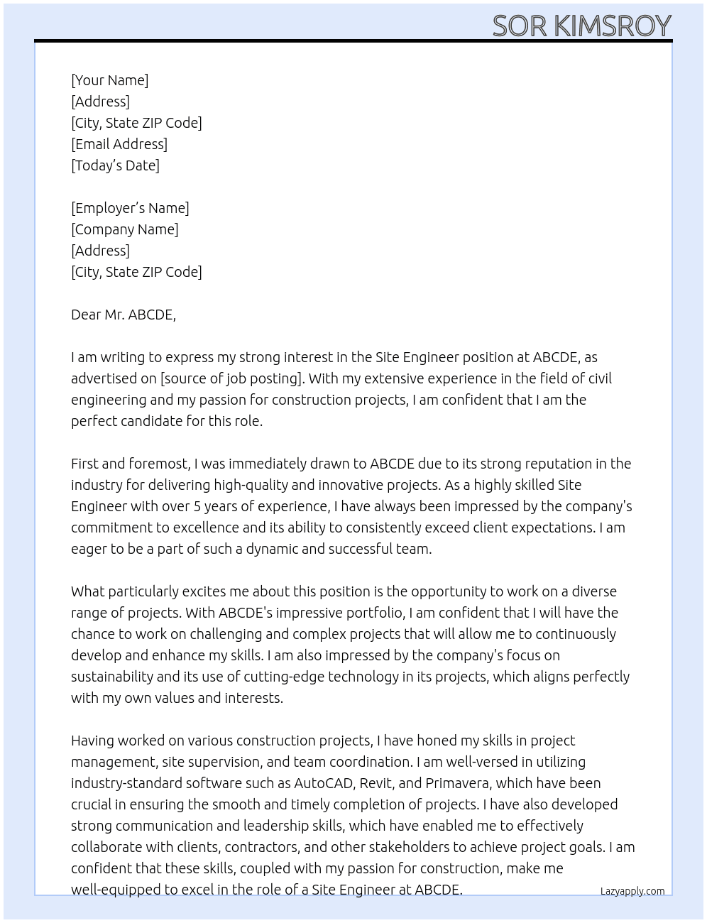 Site Engineer At ABCDE Cover Letter