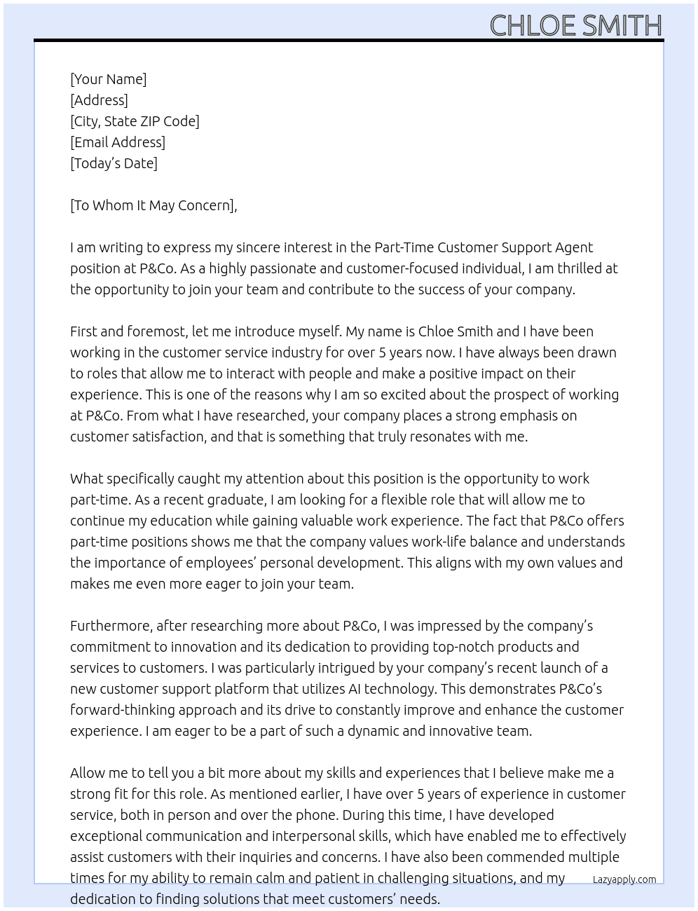 Part-Time Customer Support Agent At P&Co Cover Letter