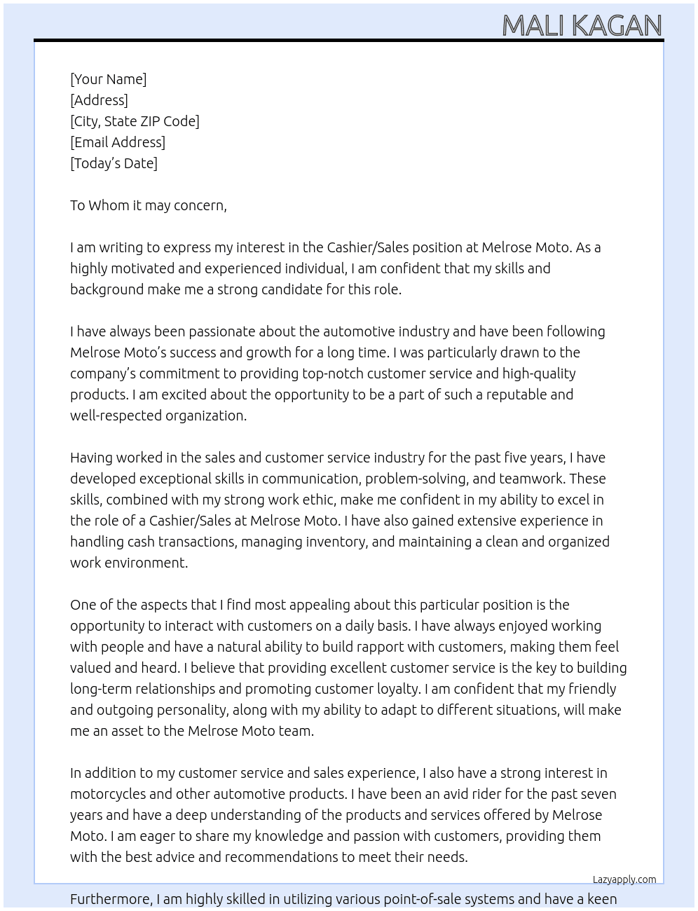 Cashier/Sales At Melrose Moto Cover Letter