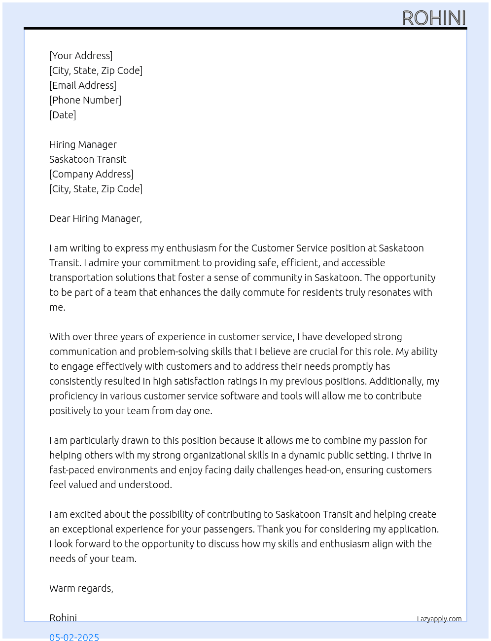 customer service At Saskatoon Transit Cover Letter