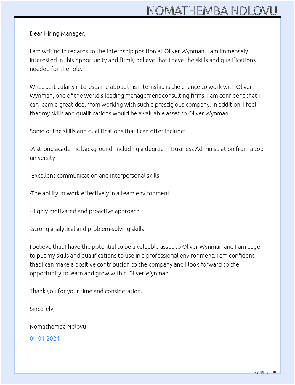 Internship  At Oliver Wynman Cover Letter