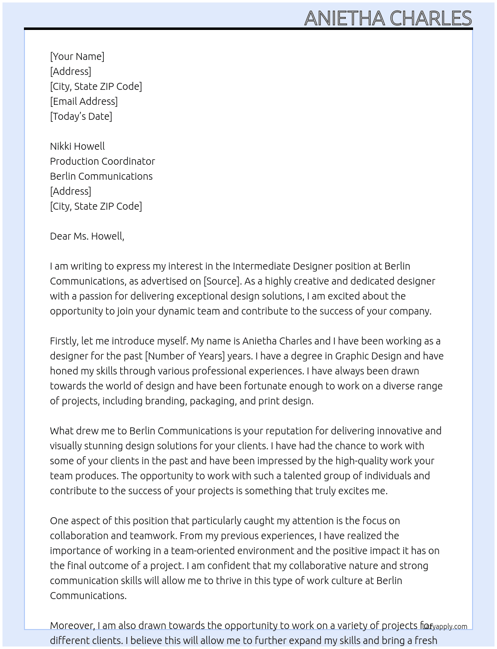 Intermediate Designer At Berlin Communications Cover Letter