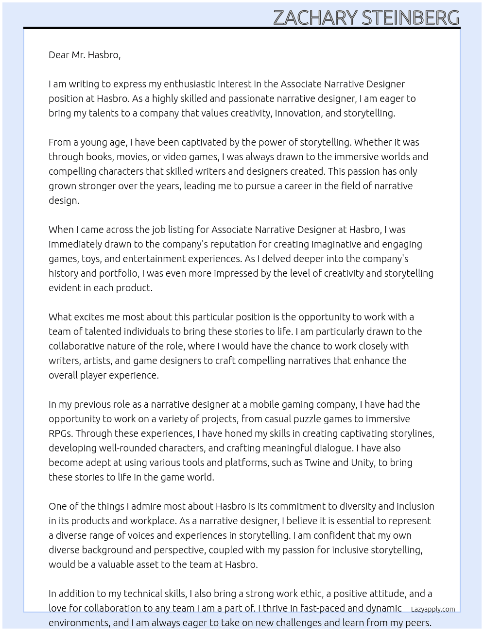 Associate Narrative Designer At Hasbro Cover Letter