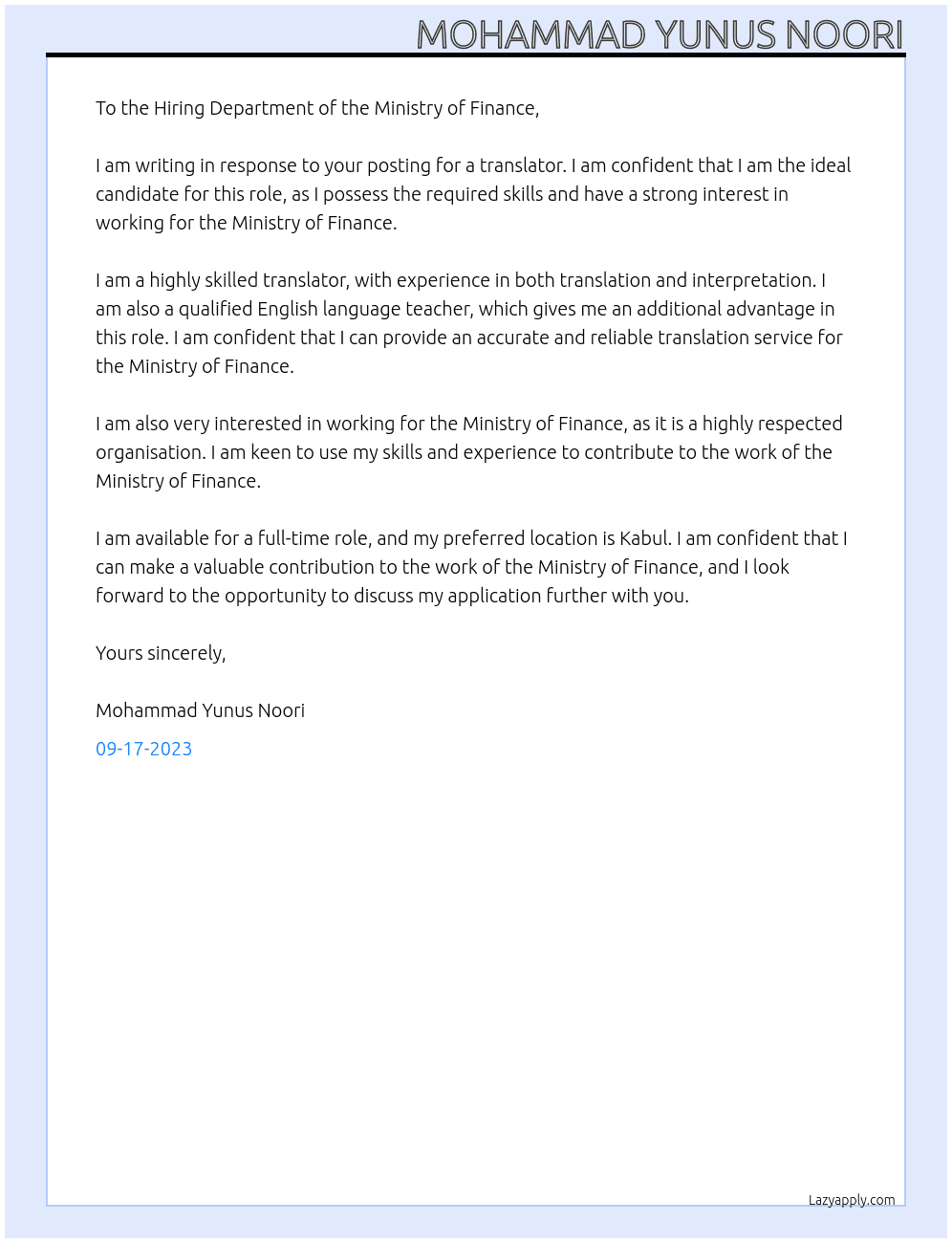 Translator At Ministry of finance Cover Letter