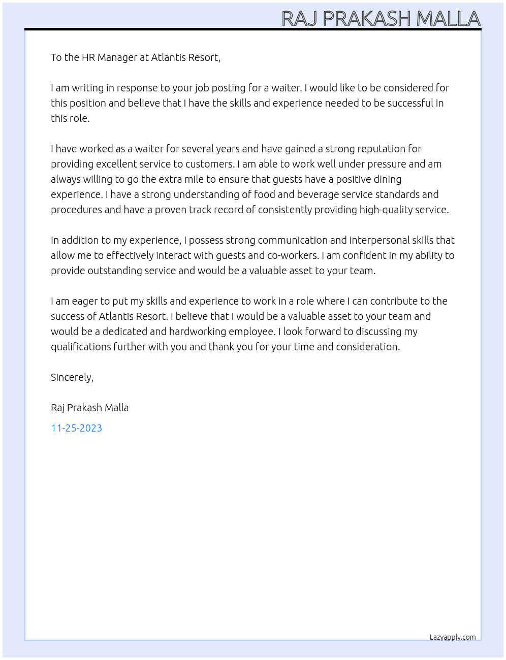 Waiter At atlantis resort  Cover Letter