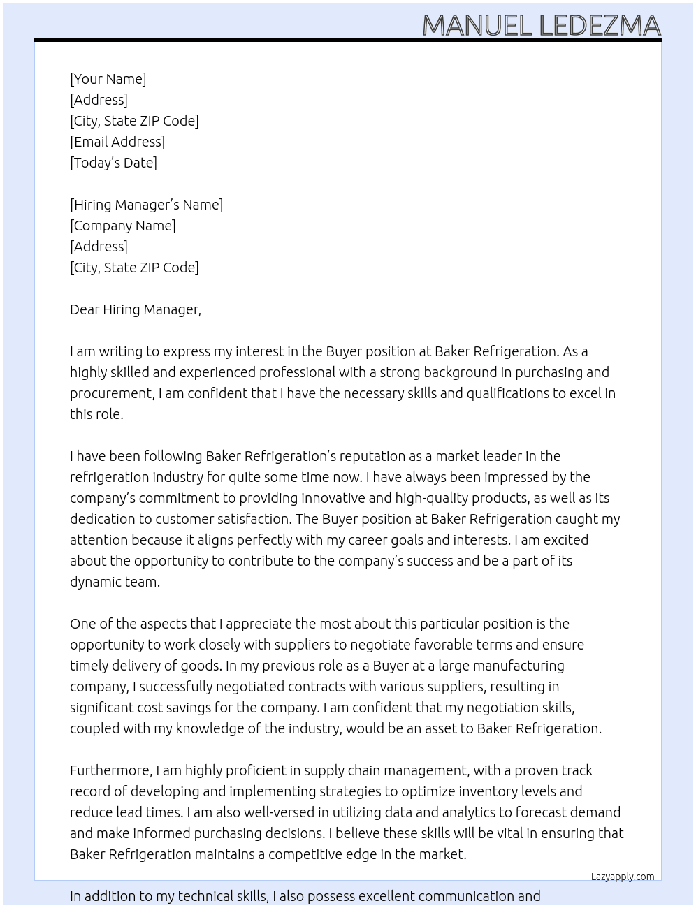 Buyer At Baker Refrigeration Cover Letter