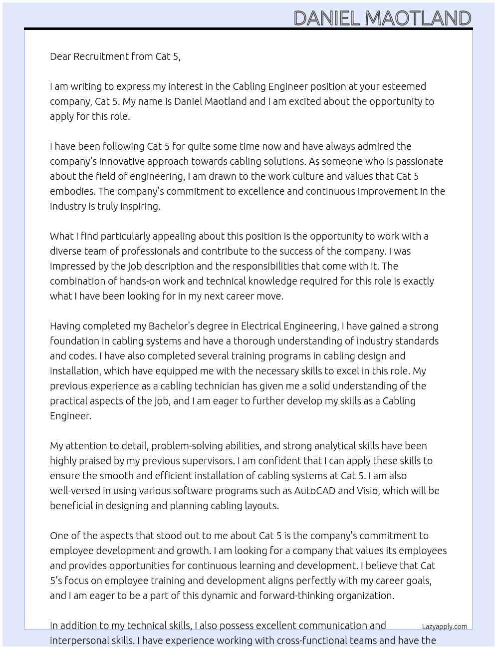 Cabling engineer  At Cat 5 Cover Letter