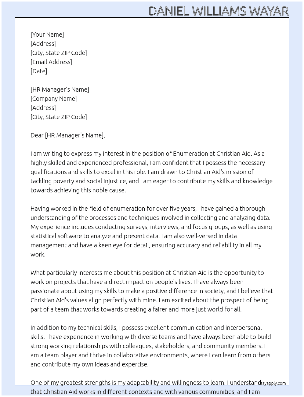 enumeration At Christian aid Cover Letter