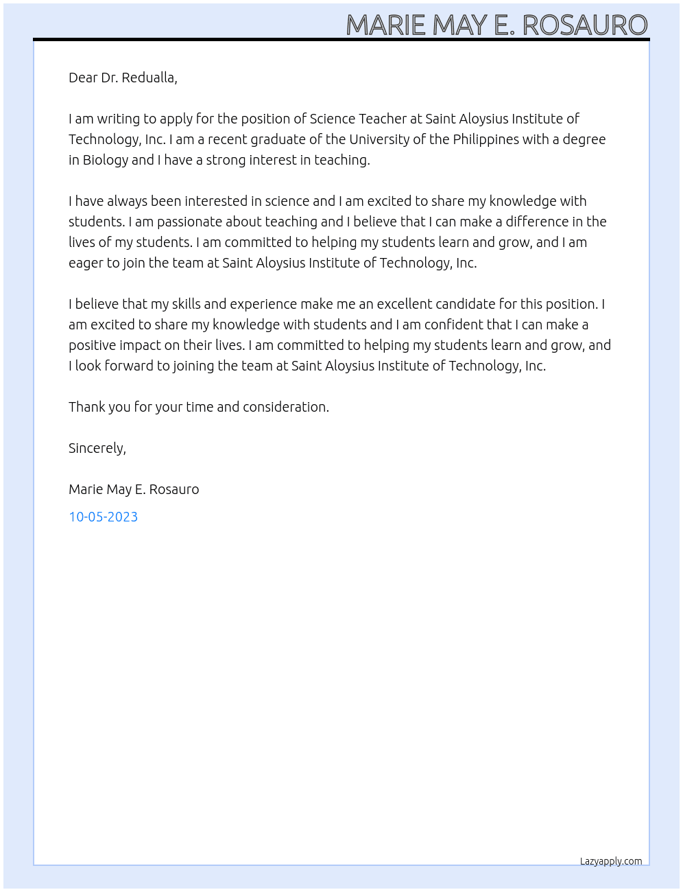 Science Teacher At Saint Aloysius Institute of Technology, Inc. Cover Letter