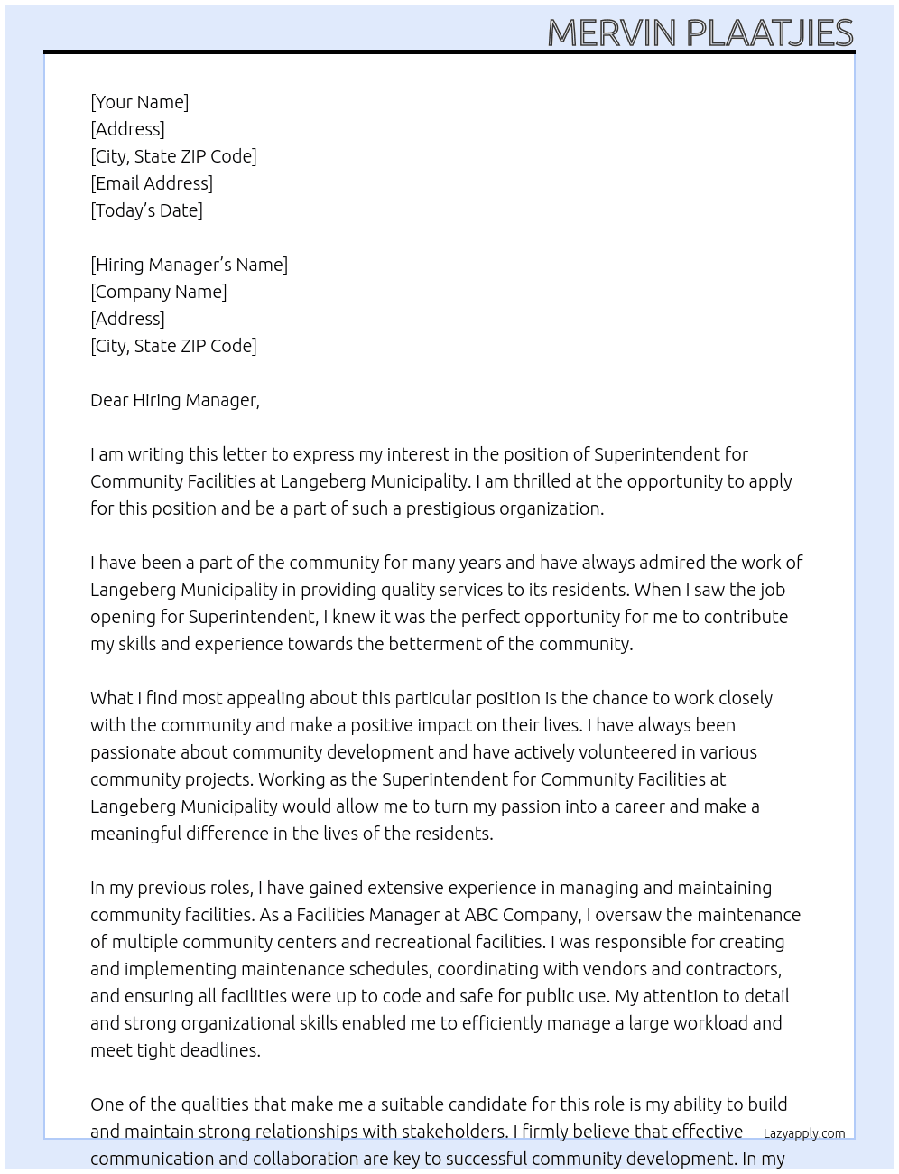 Superintendent: Community Facilities At Langeberg Municipality Cover Letter