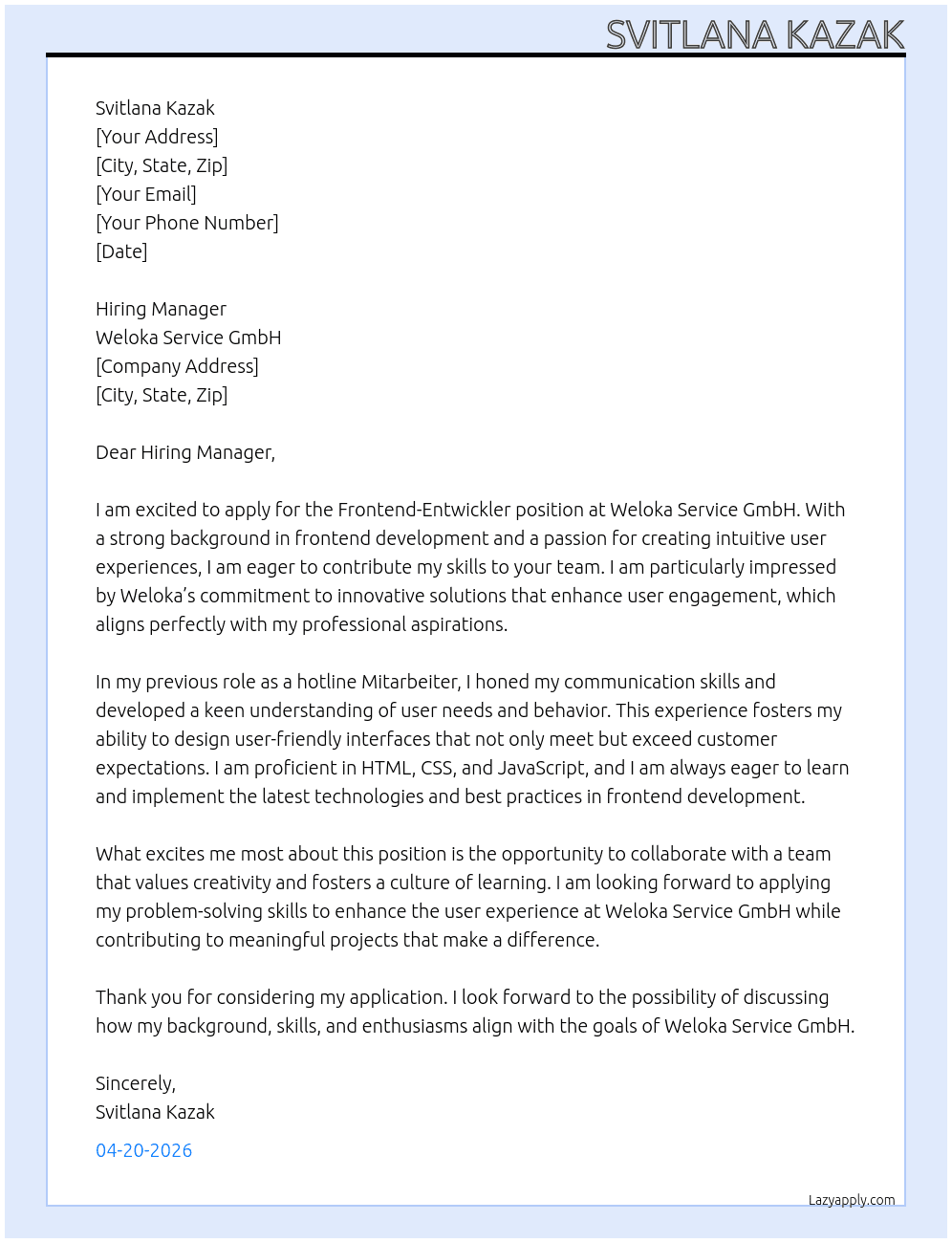 Cover letter for frontend-entwickler - LazyApply