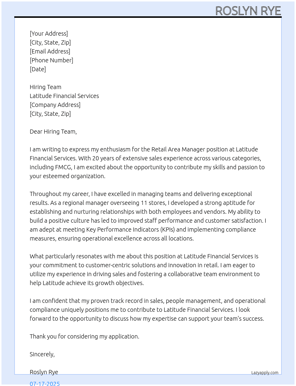 Retail Area Manager At Latitude Financial Services Cover Letter