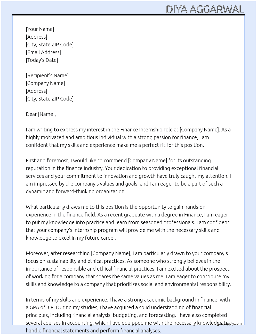 finance internship At Not defined yet Cover Letter