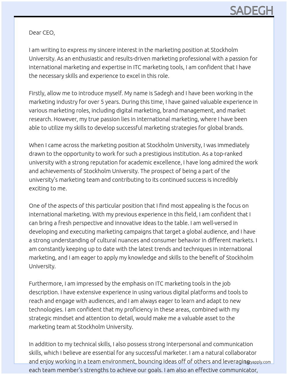 marketing At Stockholm University Cover Letter