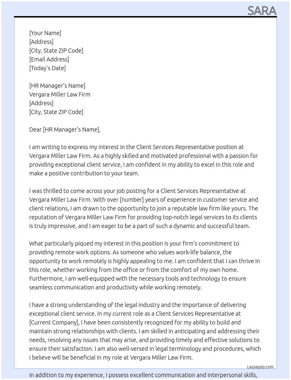 Client Services Representative At Vergara Miller Law Firm Cover Letter
