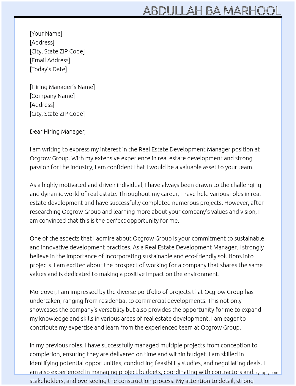 Real Estate Development Manager At Ocgrow Group Cover Letter