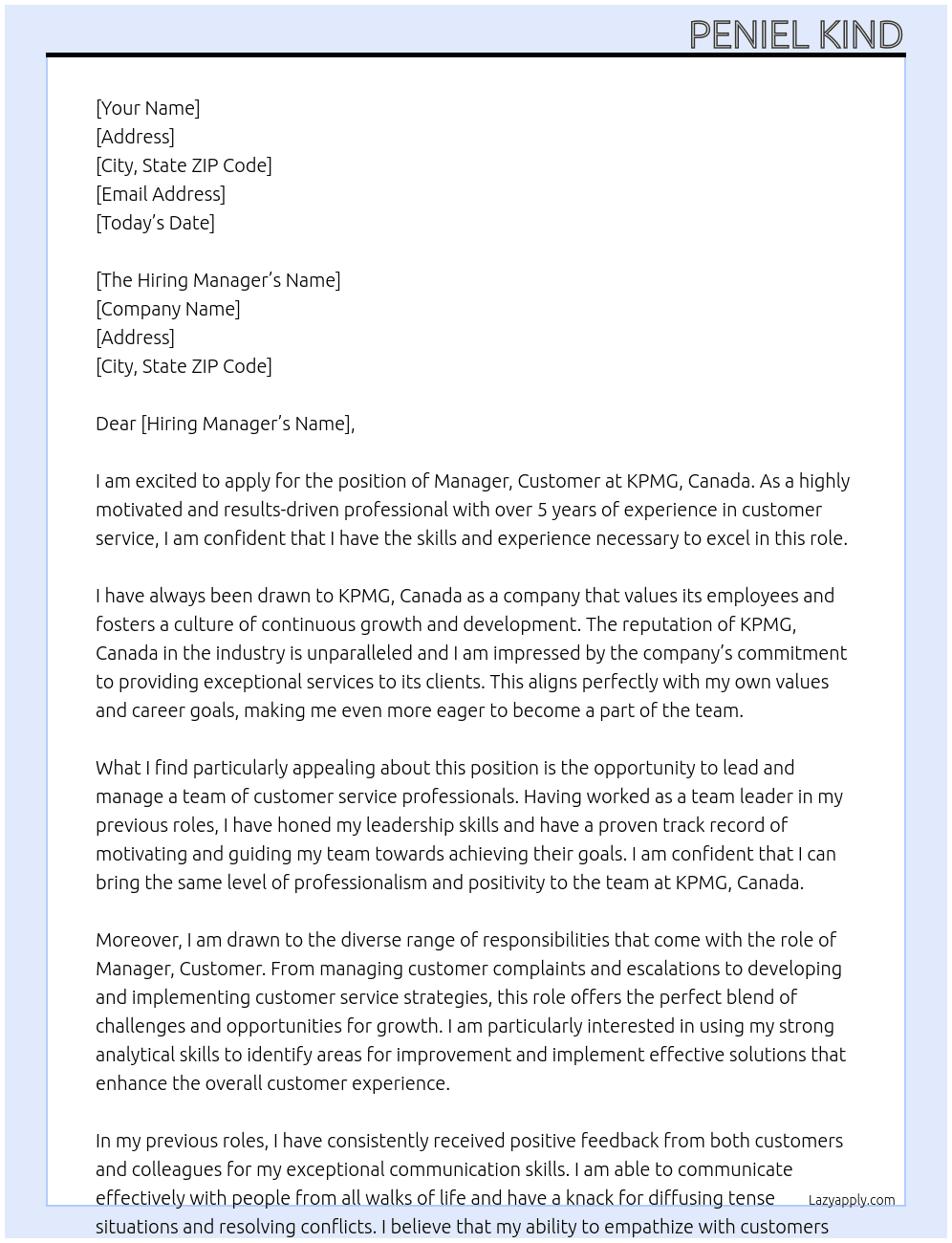 Manager, Customer At KPMG, Canada Cover Letter