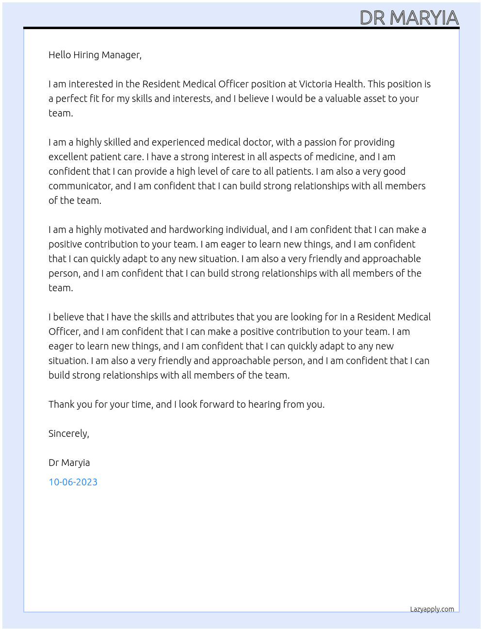 Resident medical officer At Victoria health Cover Letter