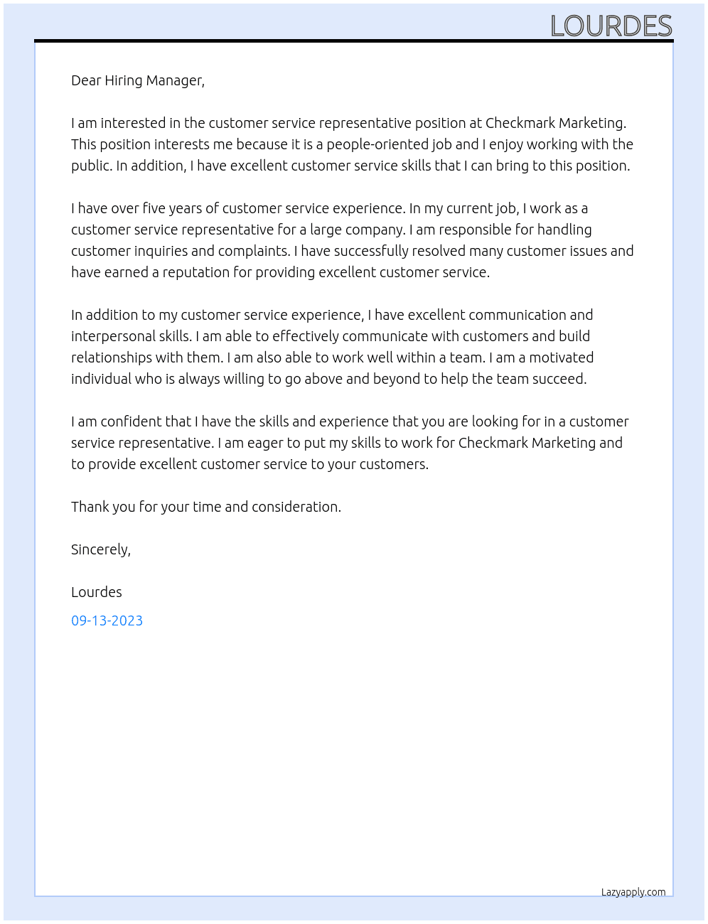 customer service representative At Checkmark Marketing Cover Letter