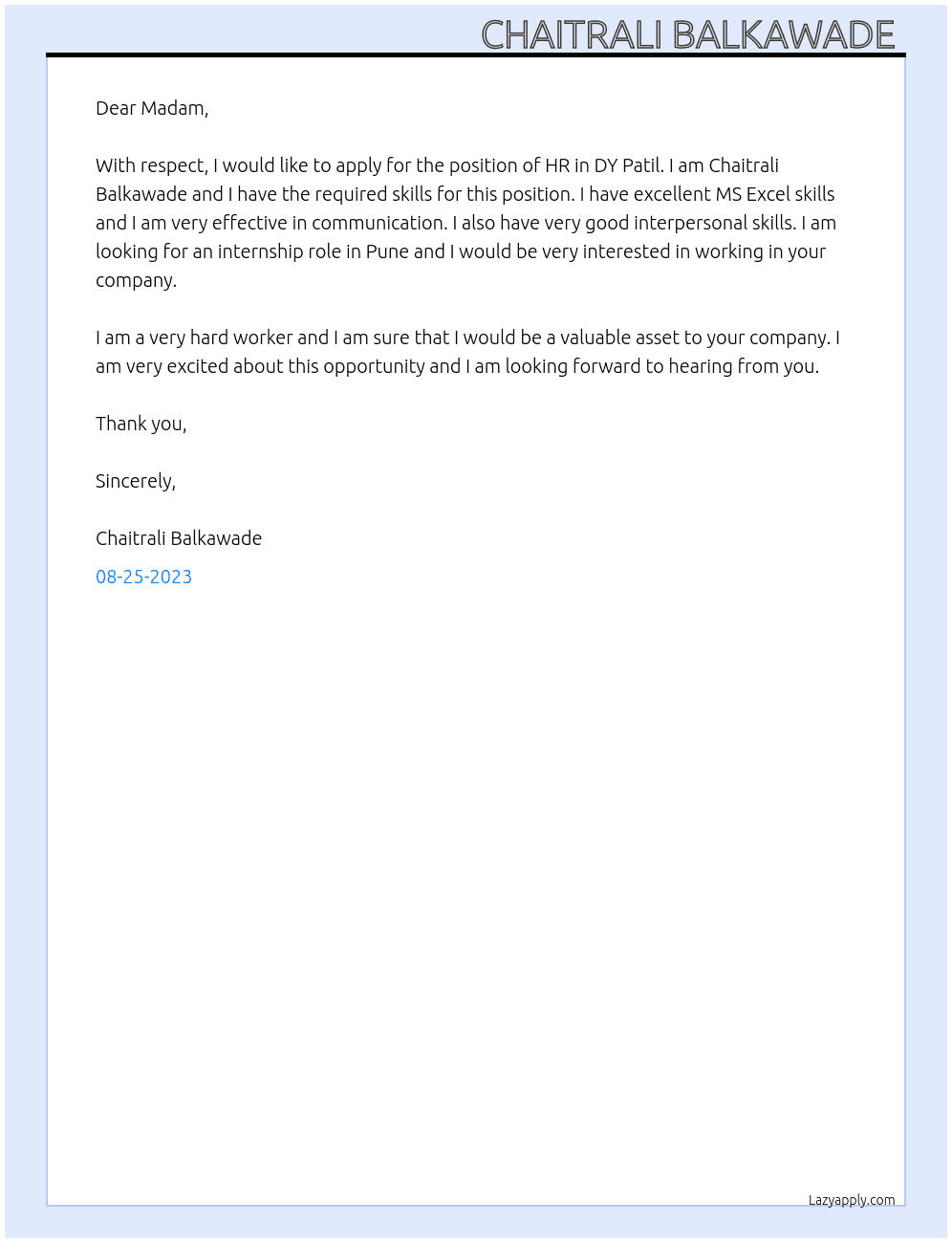 HR  At DY Patil Cover Letter
