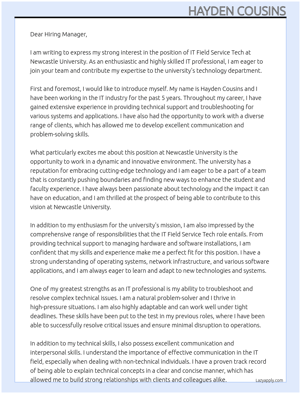 IT Field Service Tech At Newcaslte University Cover Letter
