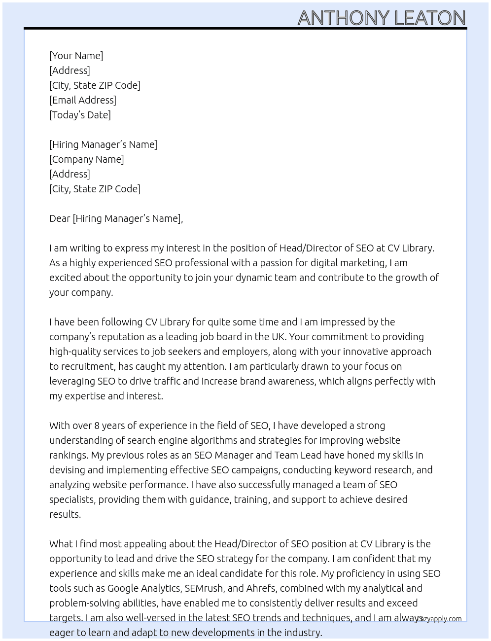 Head / Director of SEO At CV Library Cover Letter