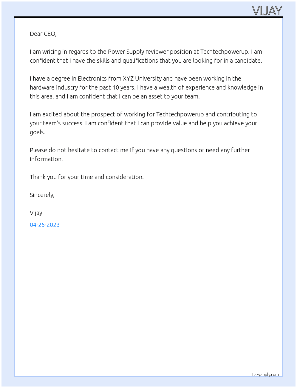 Power Supply reviewer At Techtechpowerup Cover Letter